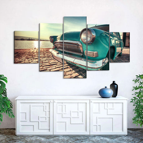 5 Piece Classic Green Car by the River Canvas Wall Art