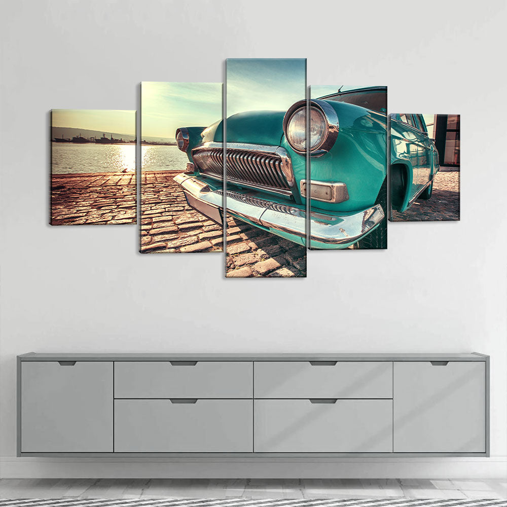 5 Piece Classic Green Car by the River Canvas Wall Art