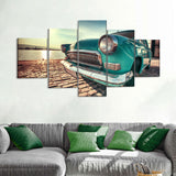 5 Piece Classic Green Car by the River Canvas Wall Art