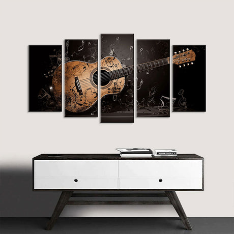 5 Piece Classic Wood Guitar with Musical Notes Canvas Wall Art