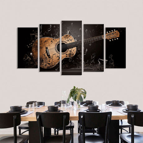 5 Piece Classic Wood Guitar with Musical Notes Canvas Wall Art