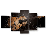 5 Piece Classic Wood Guitar with Musical Notes Canvas Wall Art