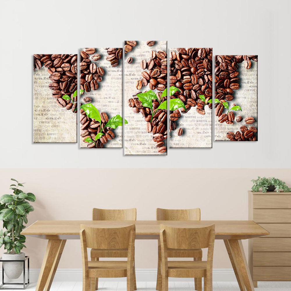 5 Piece Coffee Bean World Map Canvas Wall Art