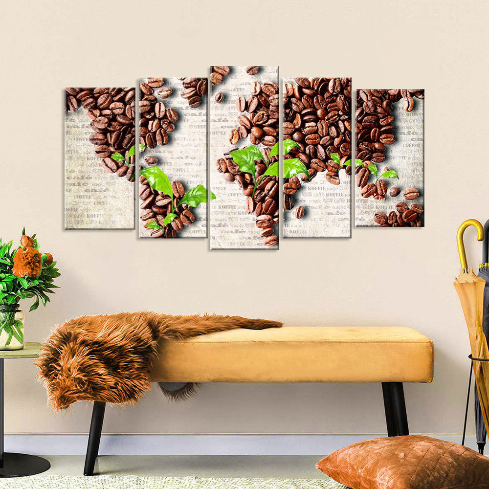 5 Piece Coffee Bean World Map Canvas Wall Art