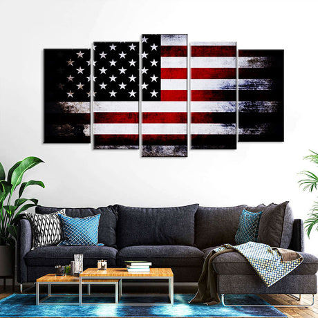 5 Piece Dark Faded American Flag Canvas Wall Art