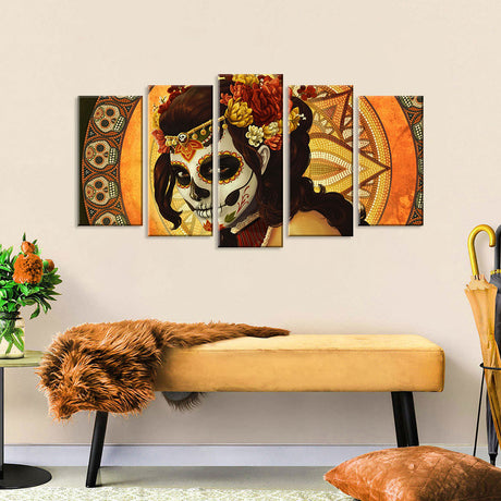 5 Piece Day of the Dead Sugar Skull Canvas Wall Art