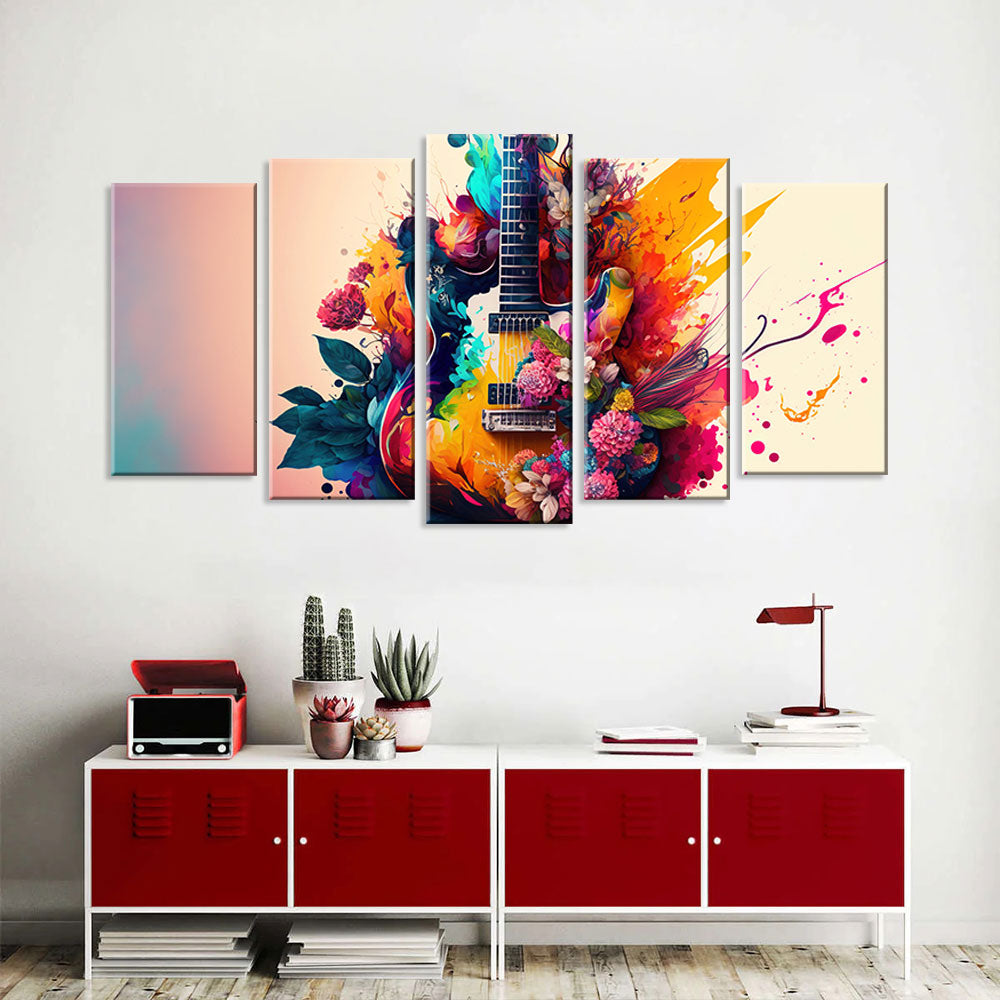 5 Piece Digital Guitar with Flowers Canvas Wall Art