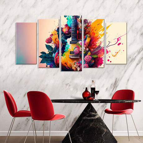 5 Piece Digital Guitar with Flowers Canvas Wall Art