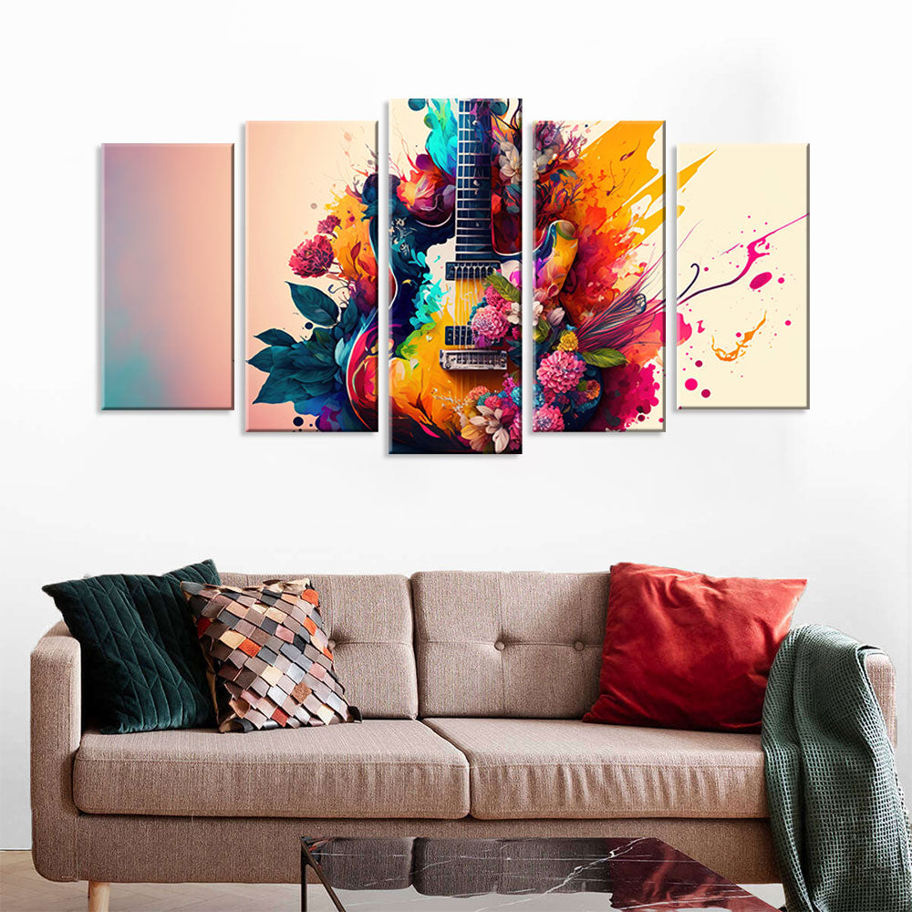 5 Piece Digital Guitar with Flowers Canvas Wall Art