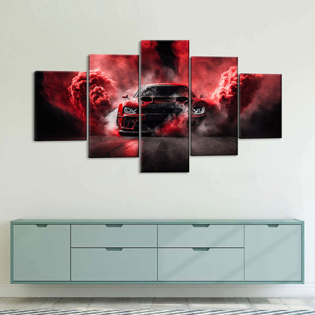 5 Piece Drifting Car with Red Smoke Canvas Wall Art