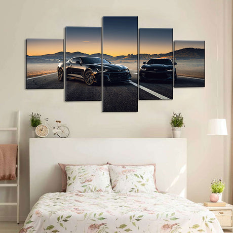 5 Piece Dual Black Chevrolet Camaro On Road Canvas Wall Art