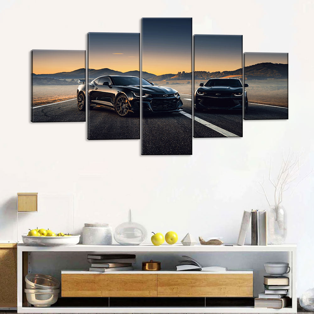 5 Piece Dual Black Chevrolet Camaro On Road Canvas Wall Art