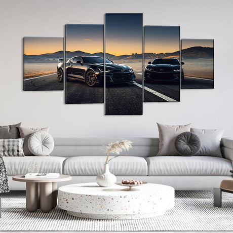 5 Piece Dual Black Chevrolet Camaro On Road Canvas Wall Art