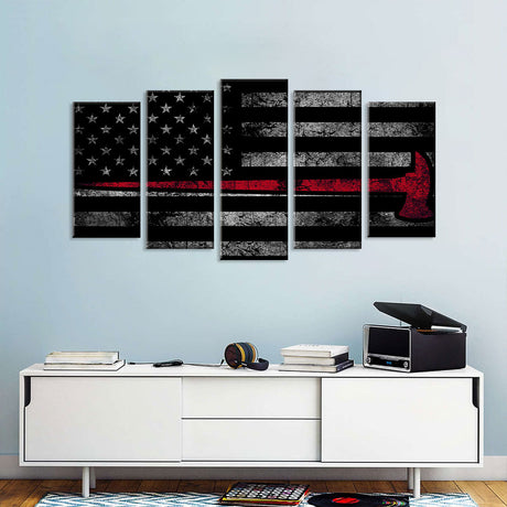 5 Piece Firefighter Axe in American Flag Canvas Wall Art