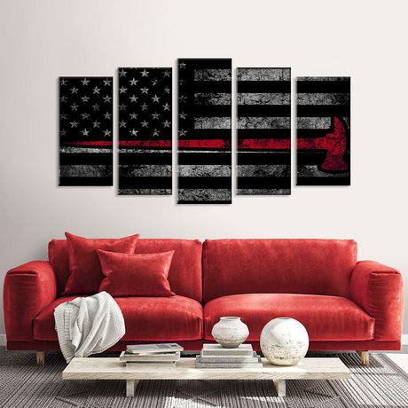 5 Piece Firefighter Axe in American Flag Canvas Wall Art