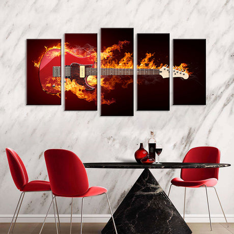 5 Piece Flame Electric Guitar Canvas Wall Art