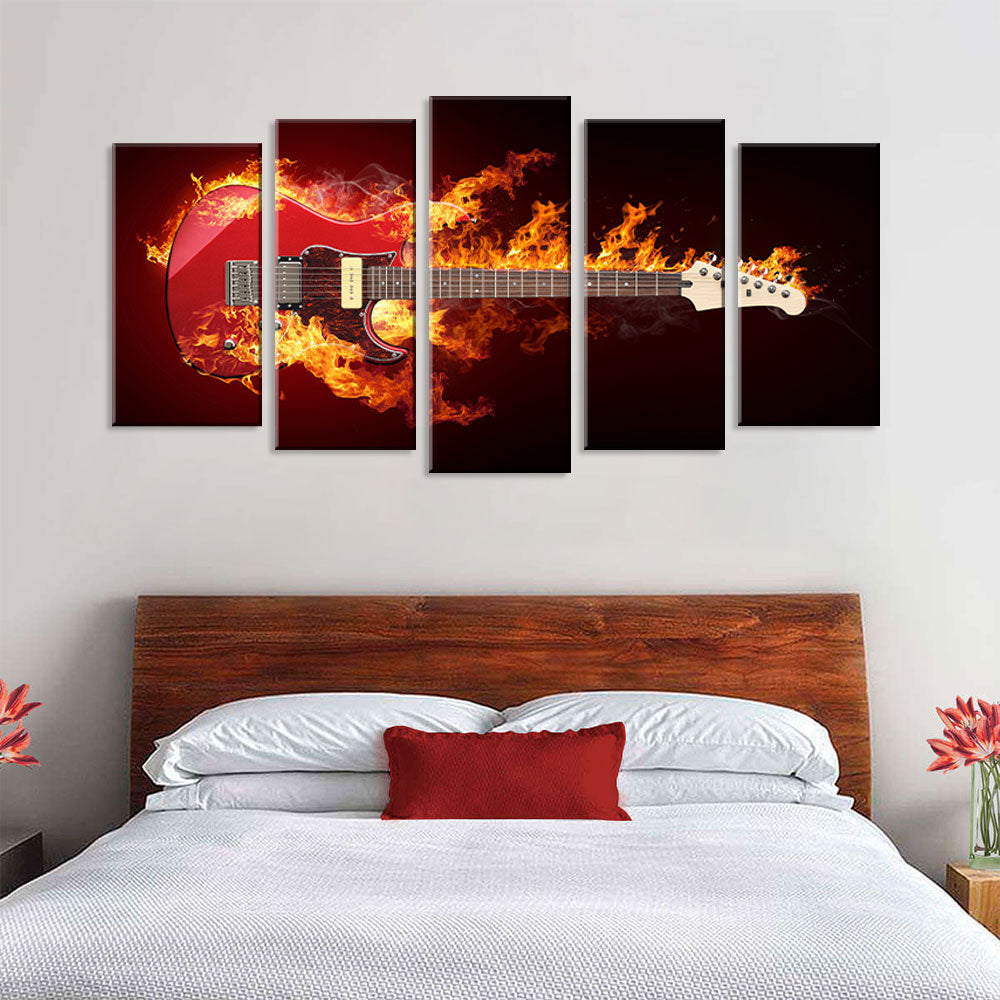 5 Piece Flame Electric Guitar Canvas Wall Art