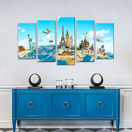 5 Piece Globe Highlighting World Monuments Canvas Wall Art