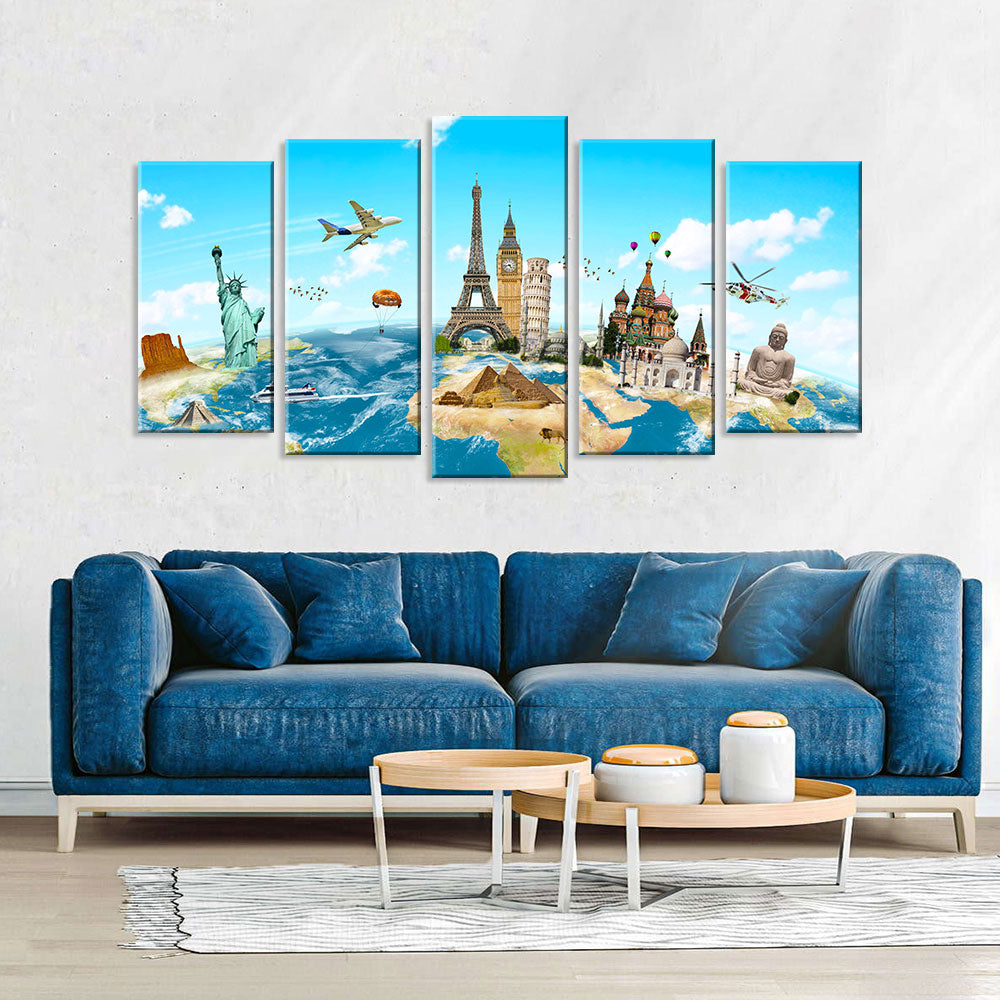 5 Piece Globe Highlighting World Monuments Canvas Wall Art