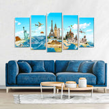 5 Piece Globe Highlighting World Monuments Canvas Wall Art