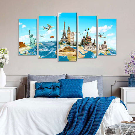 5 Piece Globe Highlighting World Monuments Canvas Wall Art