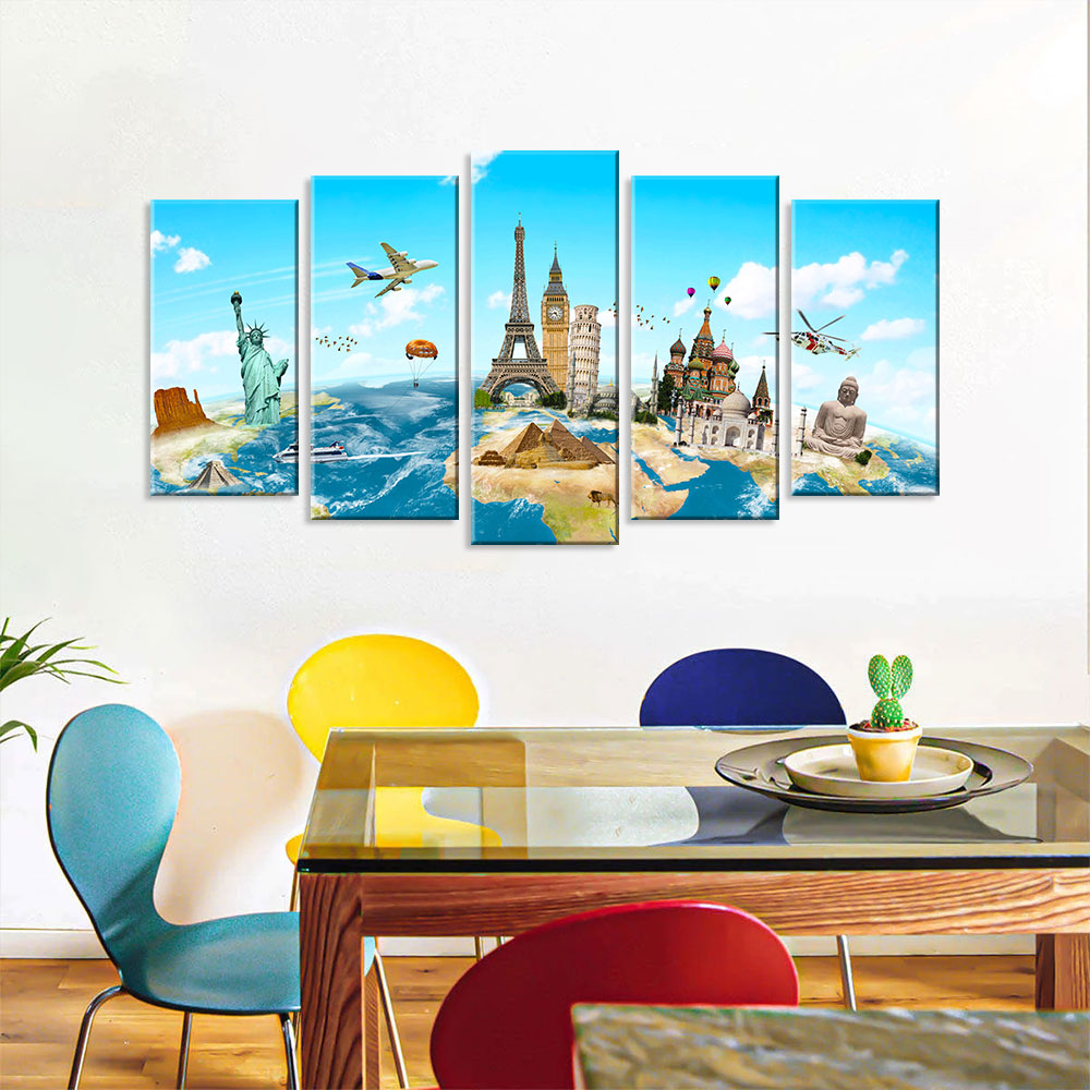 5 Piece Globe Highlighting World Monuments Canvas Wall Art