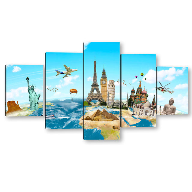 5 Piece Globe Highlighting World Monuments Canvas Wall Art