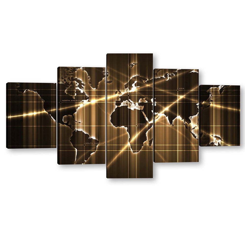 5 Piece Gold Lights World Map Canvas Wall Art