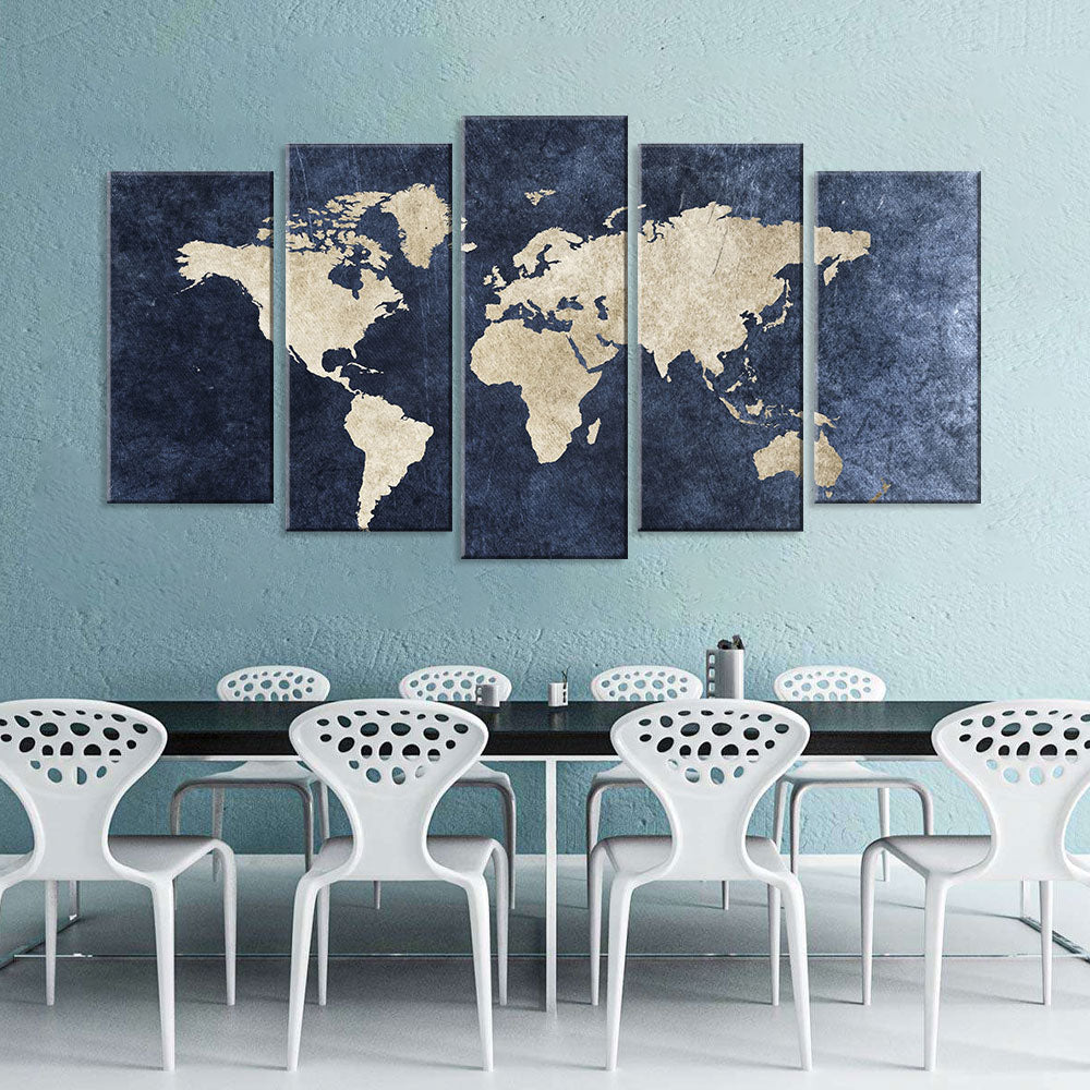 5 Piece Grunge World Map Canvas Wall Art