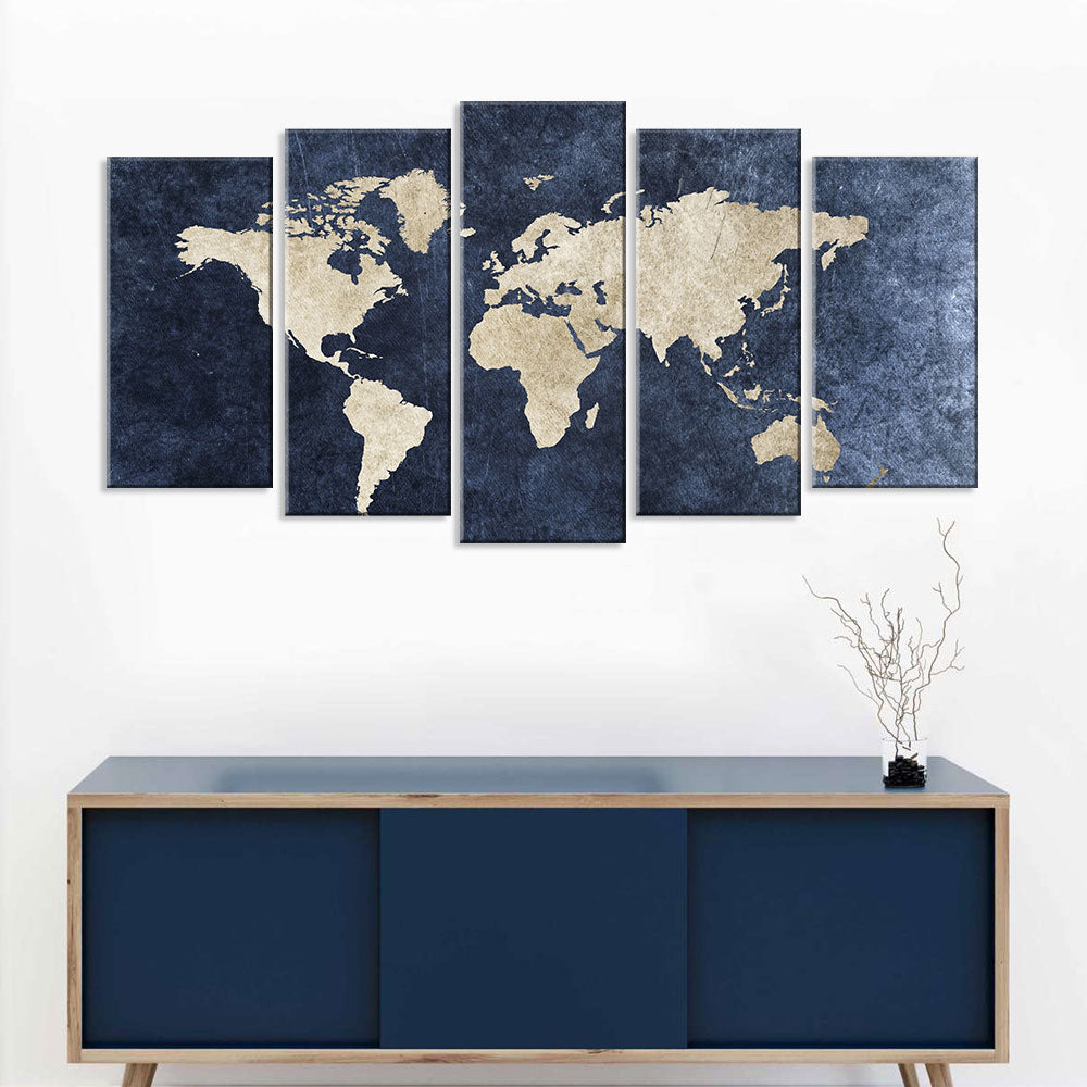 5 Piece Grunge World Map Canvas Wall Art