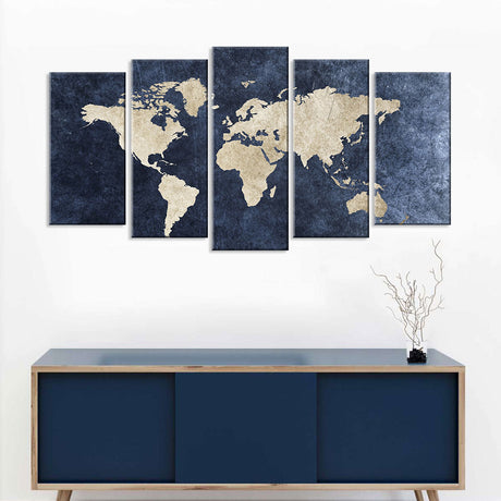 5 Piece Grunge World Map Canvas Wall Art