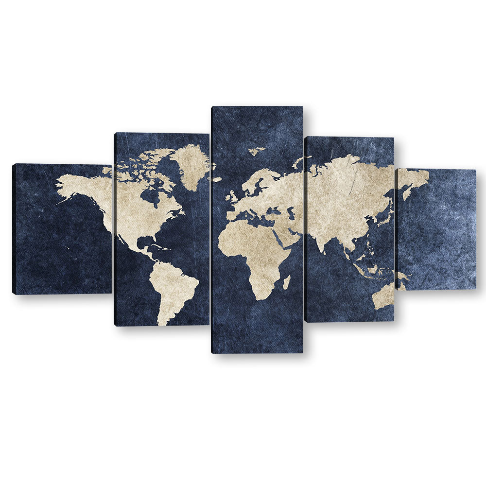 5 Piece Grunge World Map Canvas Wall Art