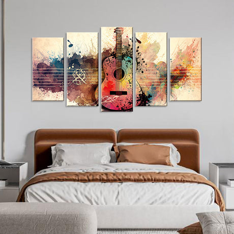 5 Piece Guitar with Colorful Pastel Notes Canvas Wall Art