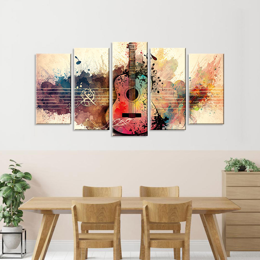 5 Piece Guitar with Colorful Pastel Notes Canvas Wall Art