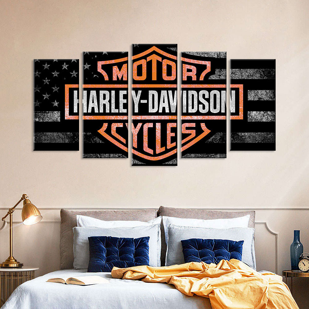 5 Piece Harley Davidson in American Flag Canvas Wall Art