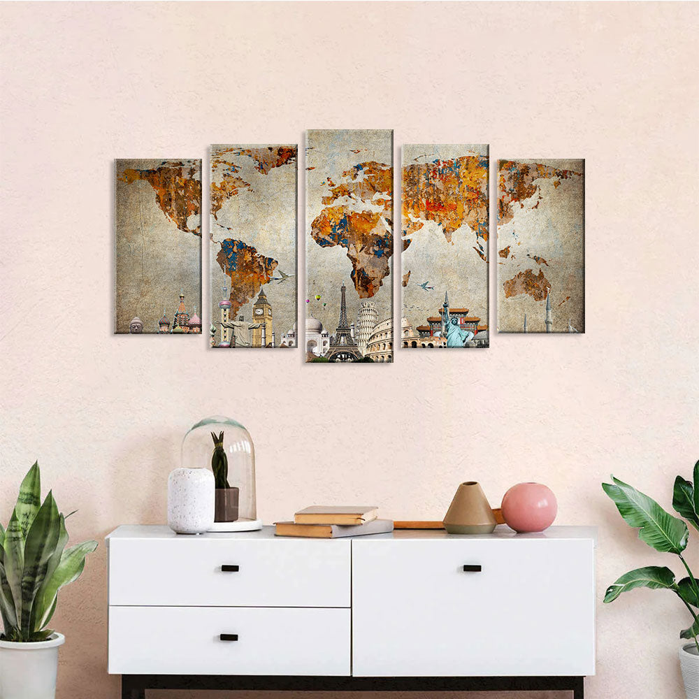 5 Piece Iconic Monuments World Map Canvas Wall Art