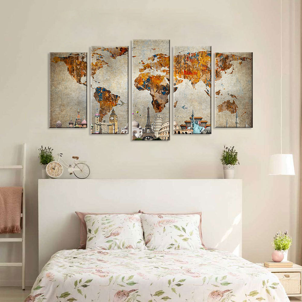 5 Piece Iconic Monuments World Map Canvas Wall Art