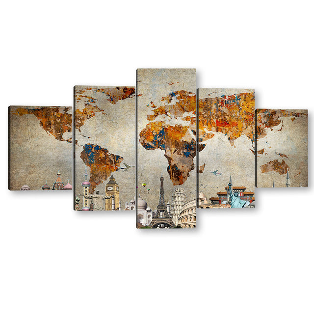 5 Piece Iconic Monuments World Map Canvas Wall Art