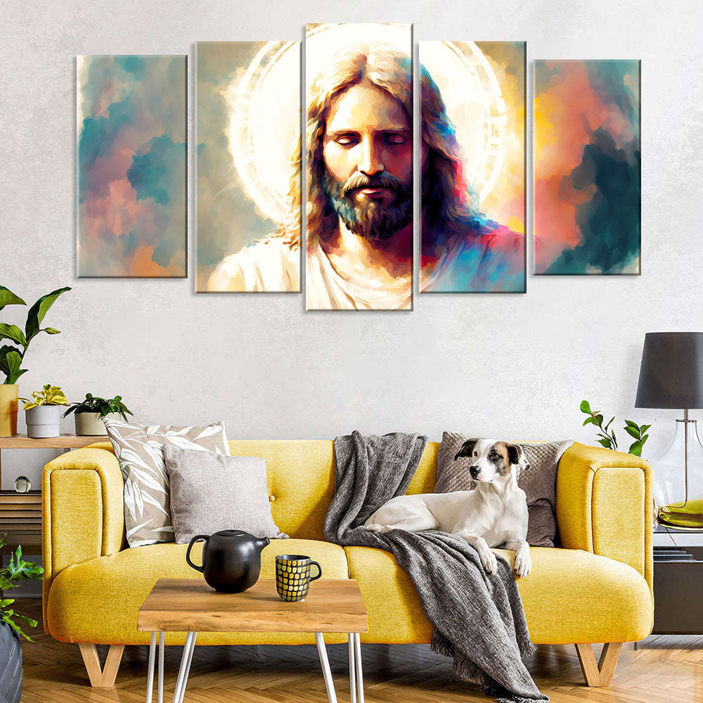 5 Piece Jesus Christ Meditating in Heaven Canvas Wall Art