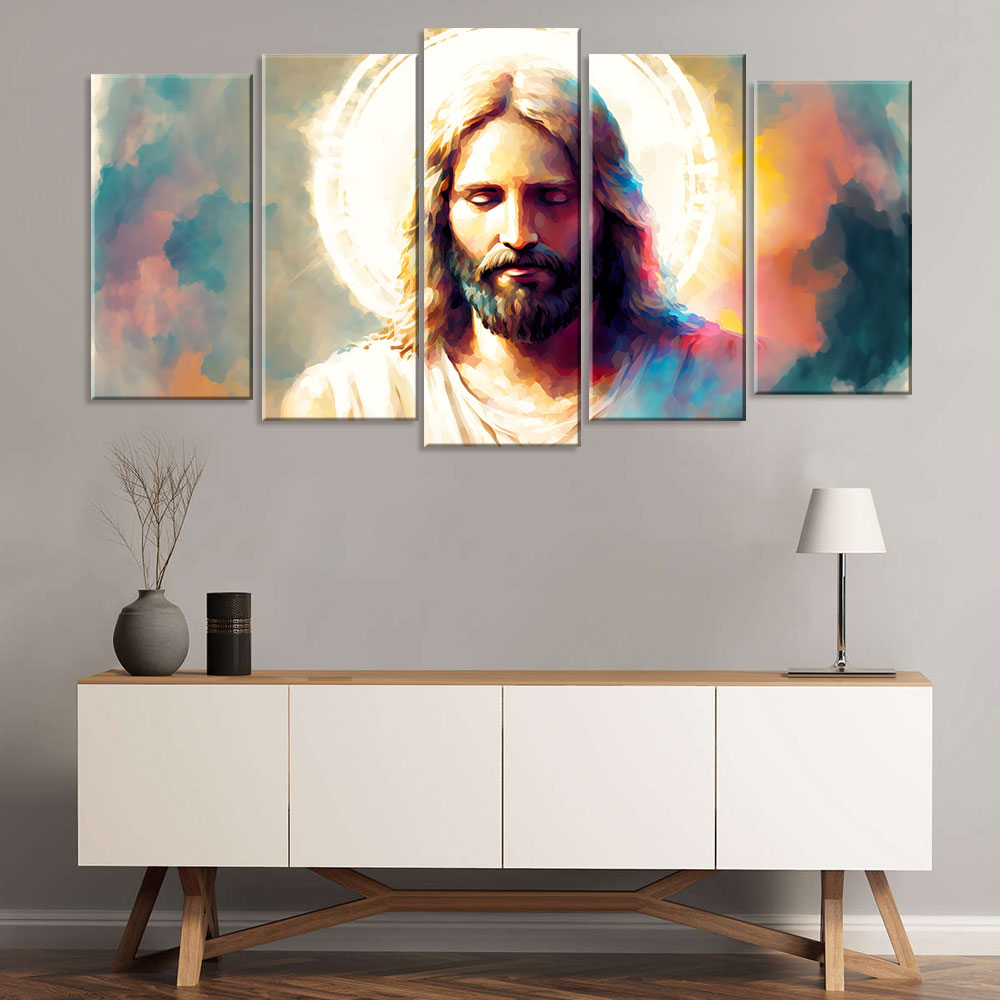 5 Piece Jesus Christ Meditating in Heaven Canvas Wall Art