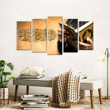 5-Panel Quran & Arabic Calligraphy Canvas Wall Art