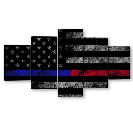 5 Piece Thin Blue Line and Red Line American Flag Canvas Wall Art