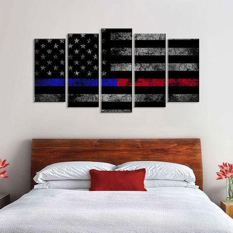 5 Piece Thin Blue Line and Red Line American Flag Canvas Wall Art