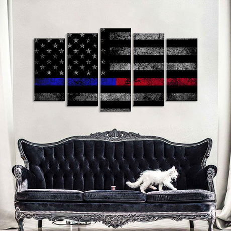 5 Piece Thin Blue Line and Red Line American Flag Canvas Wall Art