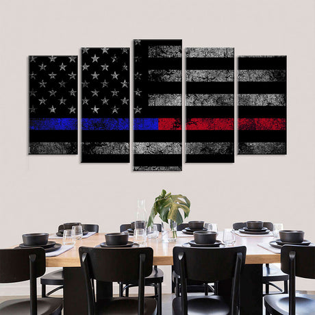 5 Piece Thin Blue Line and Red Line American Flag Canvas Wall Art