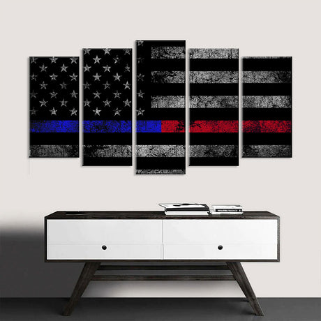 5 Piece Thin Blue Line and Red Line American Flag Canvas Wall Art