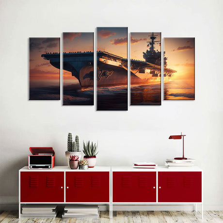 5 Piece Military Aircraft Carrier in Sunset Canvas Wall Art