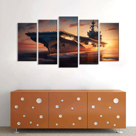 5 Piece Military Aircraft Carrier in Sunset Canvas Wall Art