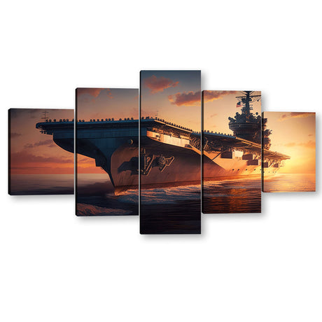 5 Piece Military Aircraft Carrier in Sunset Canvas Wall Art