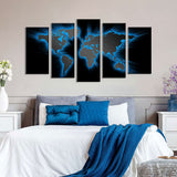 5 Piece Modern Abstract Light Blue World Map Canvas Wall Art